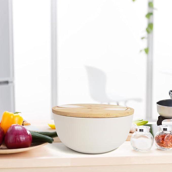 ShineMe Large Salad Bowl with Lid, Bamboo Fiber Salad Serving Bowl Set with Utensils, 9.8inches Mixing Bowl with Servers, Solid Bamboo Wooden Bowl for Salad, Fruits, Vegetables and Pasta(White)