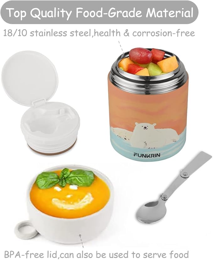 Funkrin 16oz Insulated Food Jar with Folding Spoon,Stainless Steel Lunch Bento Box for Kids Adults, Vacuum Leak Proof Soup Container for Hot & Cold Food