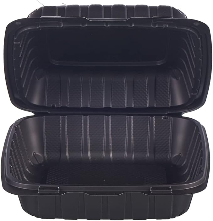 FULING [8x8-Inch, 50 Pieces Disposable To Go Box Containers, Plastic Clamshell Takeout Food Trays, Microwave Safe, Cut Resistantstable Hinged Lid, Hybrid Polypropylene, Black