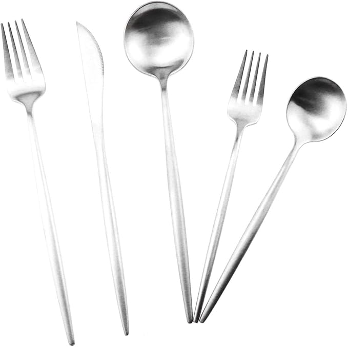 Silver Flatware, Royal 5 Piece Luxury Matte Finish 18/10 Stainless Steel Tableware Sets for 1 Including Forks Spoons Knives, Camping Silverware Travel Utensils Set Cutlery (Silver)