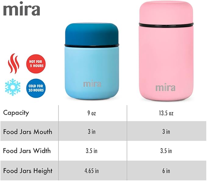 MIRA 2 Pack Insulated Food Jar Thermos for Hot Food & Soup, Compact Stainless Steel Vacuum Lunch Container, 13.5 oz, Purple, Pearl Blue