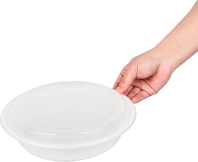 Restaurantware Asporto 48 Ounce To Go Boxes 100 Microwavable Take Out Food Containers - Clear Plastic Lids Included Do Not Contain BPA White Plastic Catering Food Containers Disposable Round