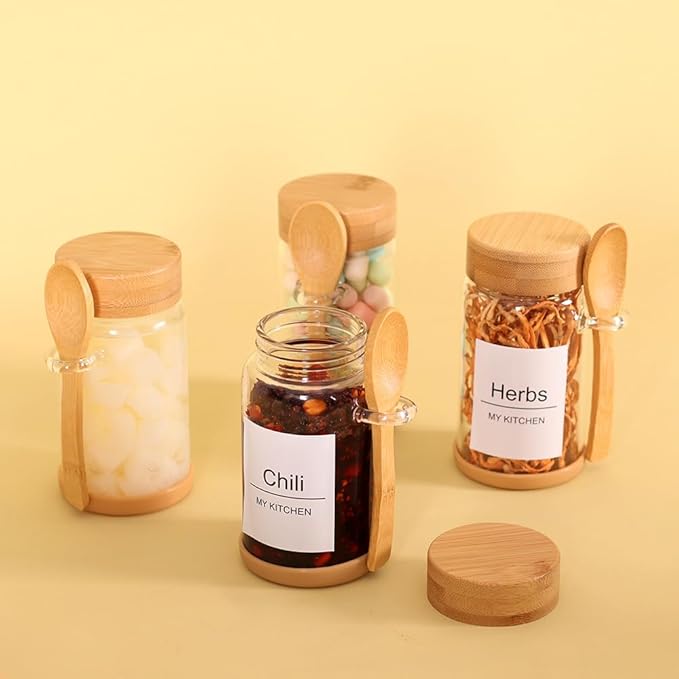 SAIOOL 4 Pack Glass Storage Containers with Bamboo Lids and Spoon,Overnight Oats Containers with Lids,with Anti Slip Silicone Base,Seasoning Organizer,Spice Jars (Bamboo 8.5OZ*4)