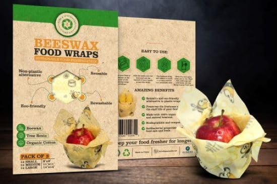 PURE & SUSTAINABLE COMPANY Beeswax Food Wraps – 3-Pack Reusable Organic Cotton Wraps – Eco-Friendly, Plastic-Free, Washable Food Storage (8x8, 11x11, 14x14) – Cute Bee Pattern