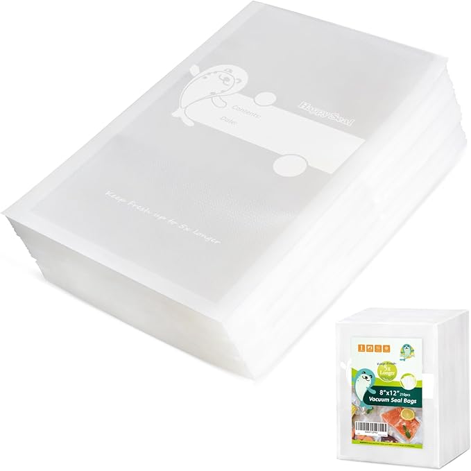 Happy Seal Vacuum Sealer Bags 8" x 12" 210 Quart Size for Food, Pre-cut Food Saver Airtight Vac Storage, Meal Prep or Sous Vide, Commercial Grade Vacuum Seal Freezer Bags