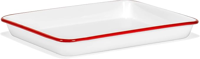 Red Co. 11" x 9" Enamelware Metal Classic 2 Quart Rectangular Serving Tray, Solid White/Red Rim
