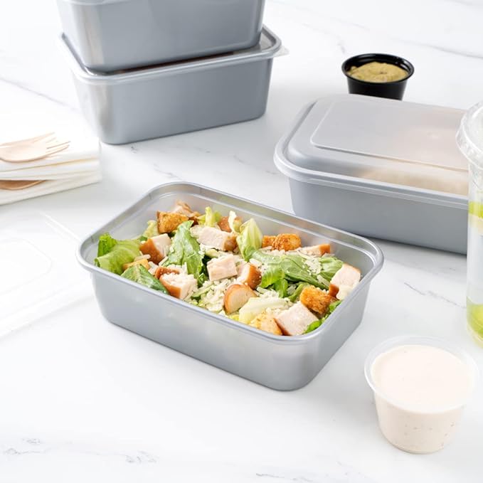 Restaurantware Futura 22 Ounce Meal Prep Containers With Lids 100 Microwavable To Go Containers - Disposable For Packaging Lunches or Take Out Orders Silver Plastic Food Containers With Lids
