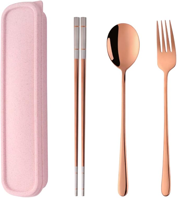 3 Piece Portable Flatware Set, Chopsticks, Fork and Spoon with Travel Case, Rose Gold