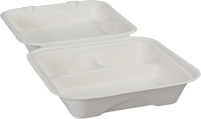 ECO PRODUCTS Compostable Vanguard 8" Clamshell To Go Containers, Case of 200, 3 Compartment, Square Take Out Food Box, White Renewable Molded Fiber, No-Added PFAS, ASTM Compliant, BPI-Certified