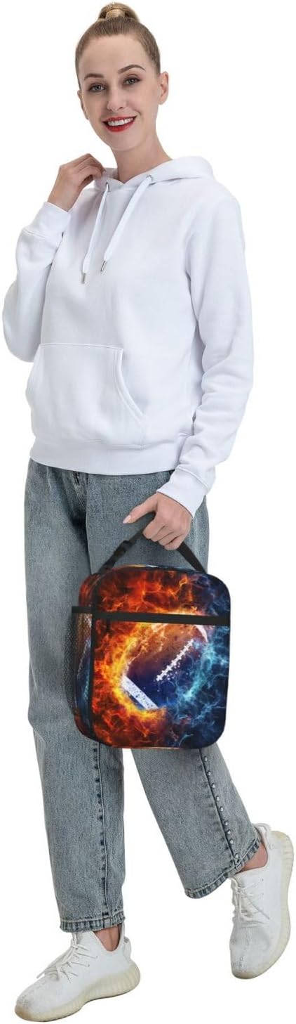 SARA NELL Colorful Fireball Football Lunch Box American Football Lunch Bag Insulated Reusable Portable Lunch Tote Cooler Bag for Women Men Teens Kids, Office Work School Travel Lunchbox