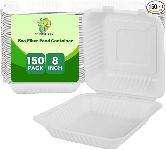 Compostable Clamshell Food Box with Lid (8x8 inch) 150-Pack | Disposable Plates | Made of Biodegradable Sugarcane Bagasse | Heavy-Duty Eco-Friendly Takeout Containers | Natural White