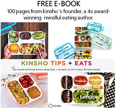 Kinsho Bento Box for Adults and Kids, Leakproof Lunch-Boxes with Custom Fit Spoon and Fork, Portion Control Container, BPA Free, Green + Orange, 5 Compartments, 2 Pack