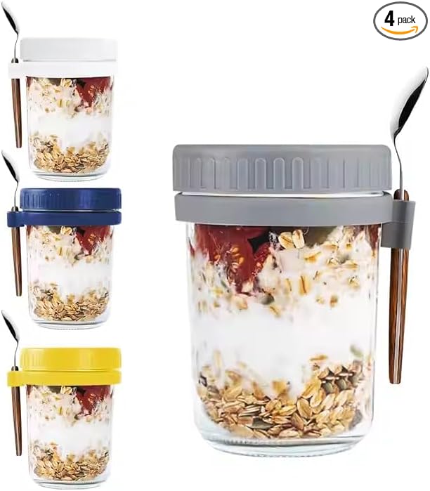4 Pack Overnight Oats Containers with Lids and Spoons, 16 Oz Glass Mason Jars for Oatmeal, Cereal, Fruit, Salad, Yogurt, Leak-Proof Meal Prep Jars, BPA-Free, Dishwasher Safe