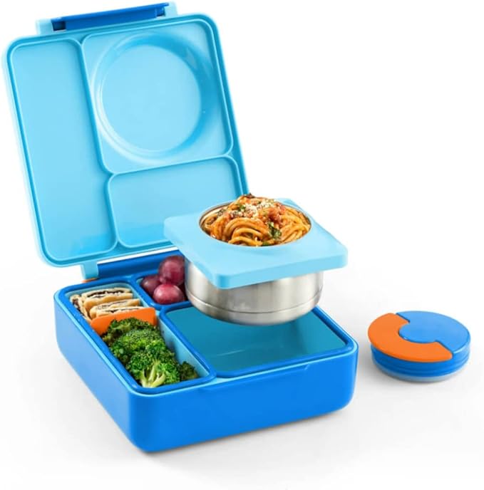 Omie OmieBox Bento Box for Kids - Insulated Lunch Box with Leak Proof Thermos Food Jar - 3 Compartments, 2 Temperature Zones (Blue Sky)