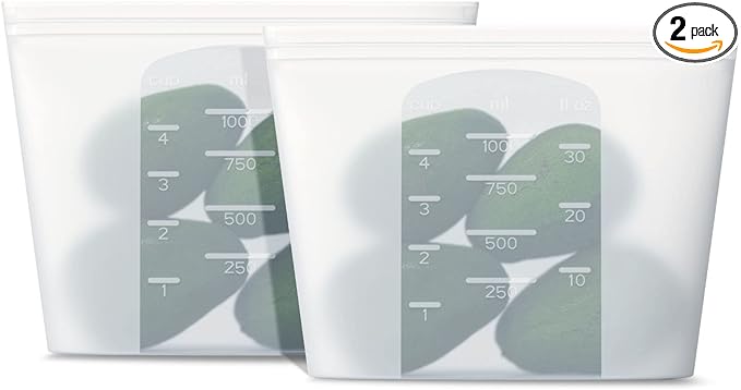 Reusable Silicone Food Storage Bag, for Microwave, Oven, Fridge, Freezer & Sous Vide Zip Sealed Containers (2 Middle size 32oz 1000ml)…