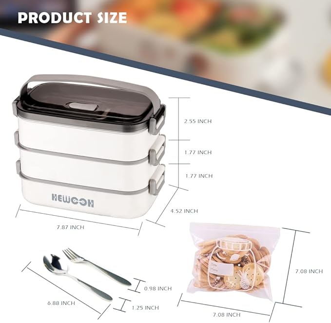 HEWOOH Large Bento Box Adult Lunch Box (74 Oz Large Capacity), Reusable, Including Lunch Bag, Fork And Spoon, 3 Dividers, Suitable For Work, Picnic, Dishwasher And Microwave Safe.(White)