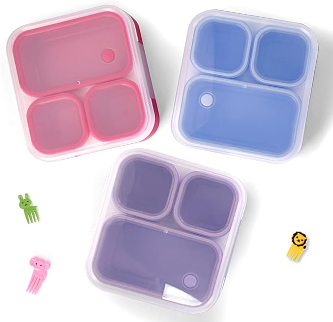 Genteen Small Kids Snack Containers for School 3 Compartment Travel Snack Containers with Dividers Portion Control Lunch box for Kids with Leak-proof Lids BPA Free (Dark Pink + Blue)