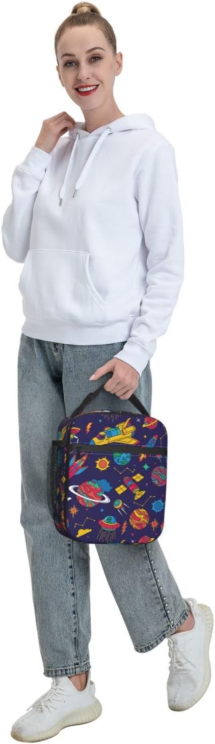 Insulated Lunch Box for Boys Girls Kids Adults Space Lunch Box for Work,Picnic,School,Travel,Hiking,Beach or Fishing Polyester Colorful Spaceship Space Theme Lunch Bag