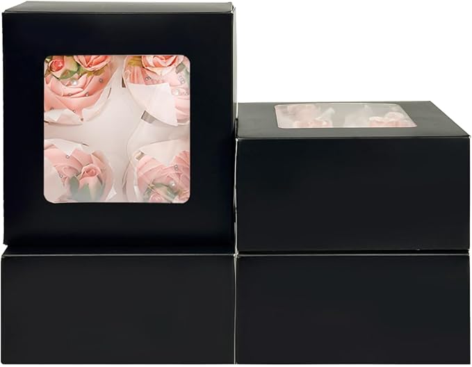 qiqee Auto-pop Up 4 Cupcake Boxes with Window Black 30 Packs Cupcake Box 6.3"x6.3"x3" Bakery Boxes For Cupcakes Carrier, Cupcake Containers