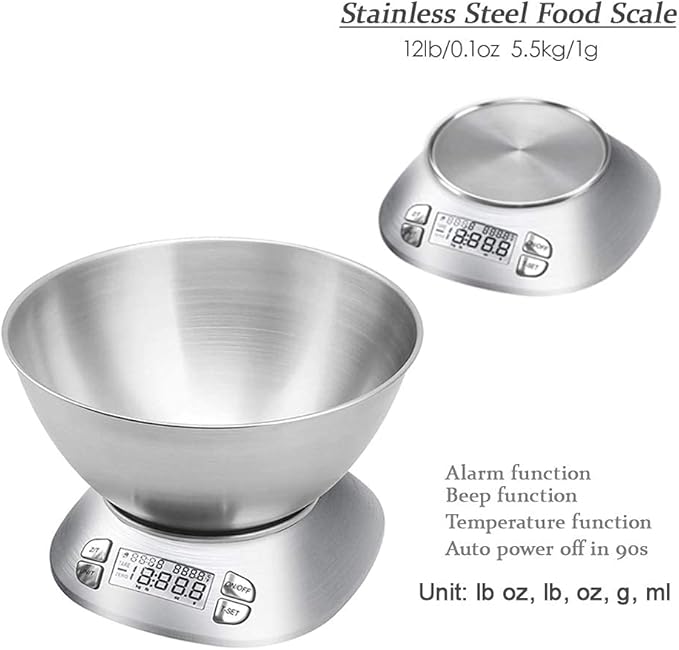 Digital Kitchen Scale with Removable Bowl 2.5L Volume, Electronic Stainless Steel Food Scale for Cooking Baking, Room Temperature, Alarm Timer, 12lb 5.5kg, Batteries Included