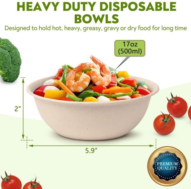 17oz Bamboo Disposable Bowls For Hot Soup, 100 Pack - Small, Heavy Duty, Microwavable, Oven Safe - Perfect for Hot Food, Meals, Acai & More - Eco-Friendly, Leak-Proof