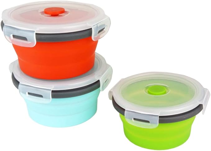 Ecomorning 3Piece Round Collapsible Lunch Container Silicone Food Storage Containers Collapsible Camping Bowl with Airtight Silicone Lids, Microwave, & Freezer Safe, 350ML