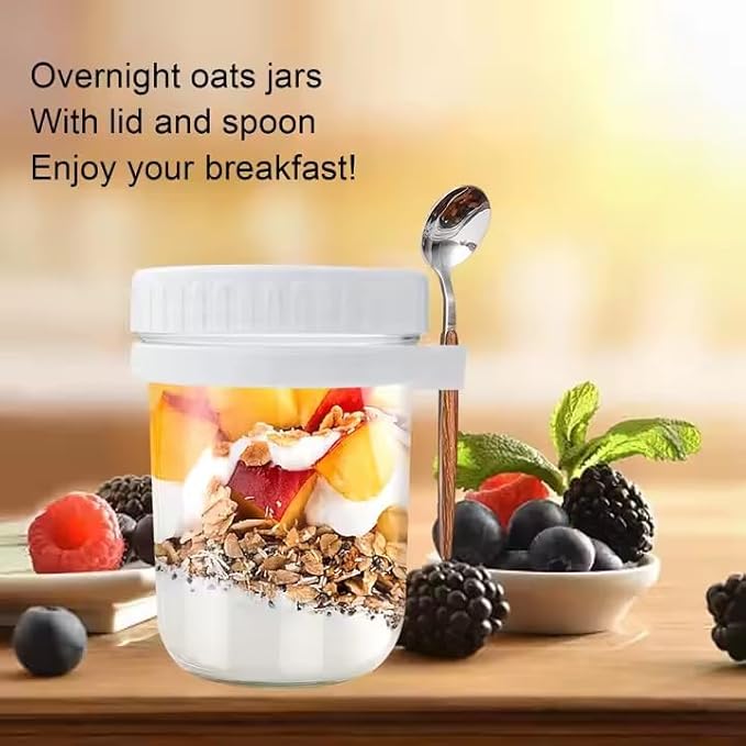 4 Pack Overnight Oats Containers with Lids and Spoons, 16 Oz Glass Mason Jars for Oatmeal, Cereal, Fruit, Salad, Yogurt, Leak-Proof Meal Prep Jars, BPA-Free, Dishwasher Safe