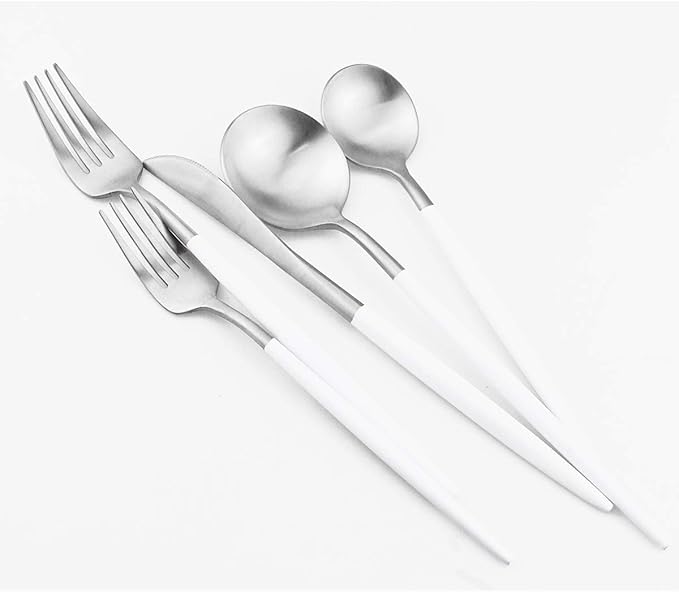 White Silver Flatware, Royal 5-Piece Matte White Handle 18/10 Stainless Steel Tableware Sets for 1 Including Forks Spoons Knives, Camping Silverware Travel Utensils Set Cutlery (White Silver)
