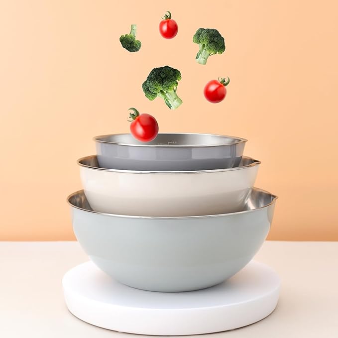 3-Piece Stainless Steel Mixing Bowl Set, Beige/Mint Green/Light Gray, Nesting Design with Pure Spout, Multipurpose Kitchen Basket /1.56Quarts/3.17Quarts/4.23Quarts (Assorted Color)