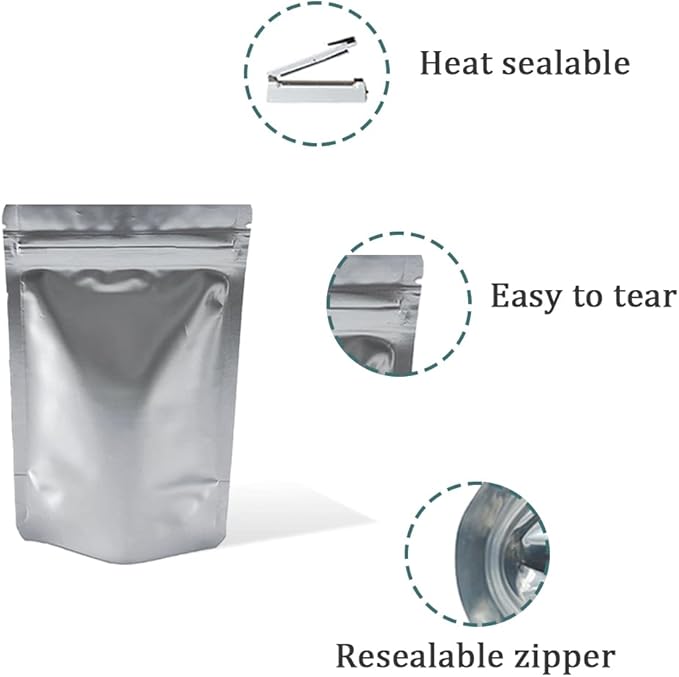 PABCK Stand-Up Resealable Heat Seal Bags 3.55mil Thick Frosted Silver Foil Sealed Bags 50 Pieces 3.35x5.1 inch for Zip Packaging Lock Food Storage Pouch