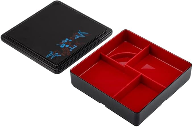 Restaurantware-8.3 x 2.2 Inch Compartment Lunch Container, 1 Japanese Style Adult Lunch Container - With 5 Compartments, Greaseproof, Black & Red Plastic Divided Lunch Box, For Hot & Cold Food