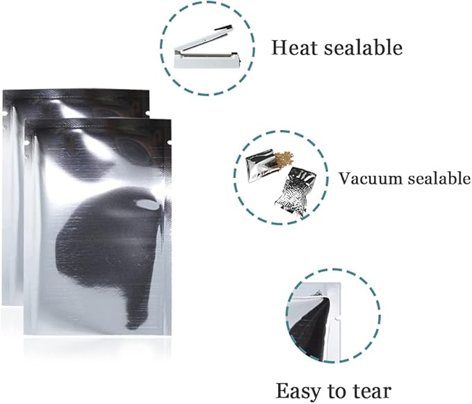 PABCK 100 Pack 4.7x6.7 inch (Inside Size 4.3x6.3 inch) Silver Foil Pouch Heat Seal Bulk Food Storage Bags Vacuum Sealer Wrapping