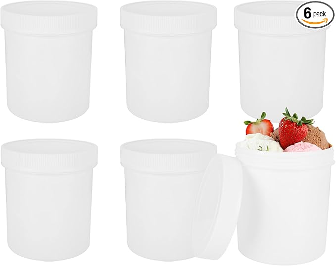 6 Pack Food Storage Containers with Screw on Lids 34 Oz Food Safe Round Plastic Containers, Freezer and Microwave Safe Storage Containers for ice Cream, BPA Free