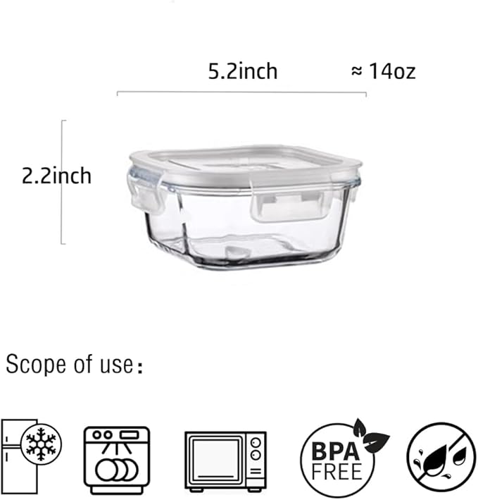 Square Glass Food Storage Containers, Small Square Storage Containers With Airtight Lids, 2Cup Glass Meal Prep Bowls, Leak-proof lunch Bowls, Dishwasher Microwave Freezer Safe -(White)