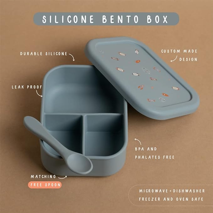 Silicone Bento Box For Kids And Toddlers - 3 Leakproof Compartments - Dishwasher, Oven And Microwave Safe - Eco friendly BPA free - For Daycare Elementary School Lunch, Snacks (Space Blue)