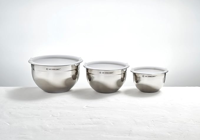 Le Creuset Set of 3 Nested Mixing Bowls w/Nonslip Silicone Base & Plastic Air Tight Lids, Large, Stainless Steel