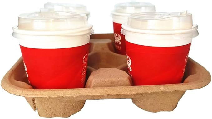 Disposable 4 Cup Drink Carrier Trays, Biodegradable Pulp Fiber Coffee Carry Tray, Compostable No Spill Drink Cup Holder for Hot Cold Beverages, Car, Food Delivery, Restaurants and Cafes Shop (36 Pack)