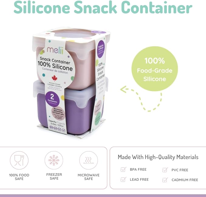 melii 100% Silicone Snack Container 2-Pack, 236ml/8oz per Container, Easy to Open Lid, Dishwasher, Microwave, Freezer safe, BPA Free - Pink and Purple