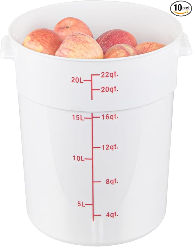 Restaurantware-Met Lux 22 Quart Food Storage Containers, 10 White Storage Containers - Lids Sold Separately, Red Volume Markers, Dishwashable Containers, Side Handles, For Storing Foods