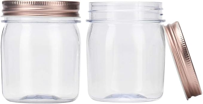 Novelinks 8 Ounce Clear Plastic Jars With Rose Gold Lids - Refillable Round Containers for Kitchen & Household Storage - BPA Free (16 Pack)