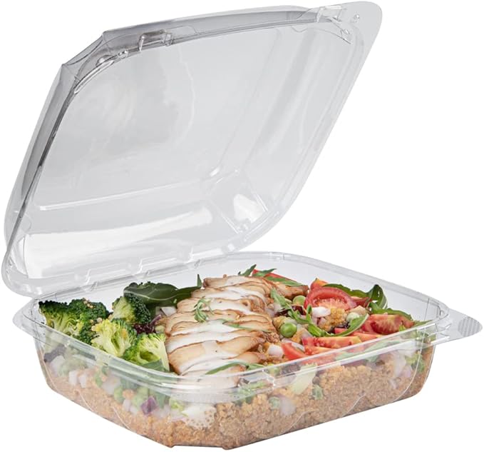 Restaurantware Thermo Tek 33.8 Ounce Clamshell Containers 100 Anti-Fog To Go Food Containers - Freezable Square Clear Plastic Food Packaging Containers Disposable