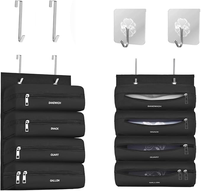 Zipper Bag Organizer Compatible with Gallon, Quart, Sandwich & Snack Food Storage Bag, Kitchen Plastic Bag Storage Organizer for Kitchen RV Camper (Black)