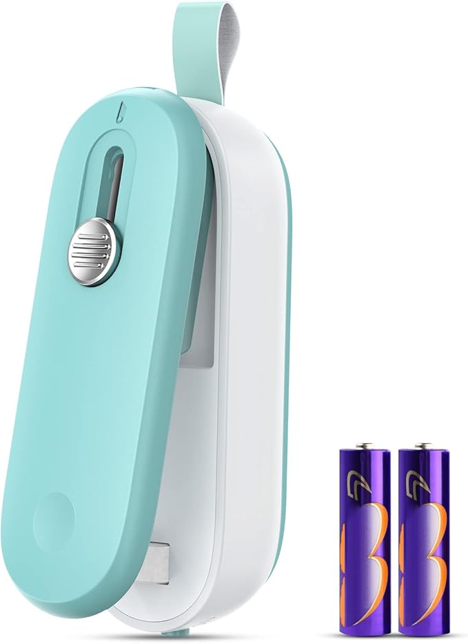 FEPPO Mini Bag Sealer, 2 in 1 Bag Sealer Heat Seal with Cutter and with Lanyard, Mini Bag Resealer Machine for Plastic Bags Snack Bags Food Storage (Batteries Included)