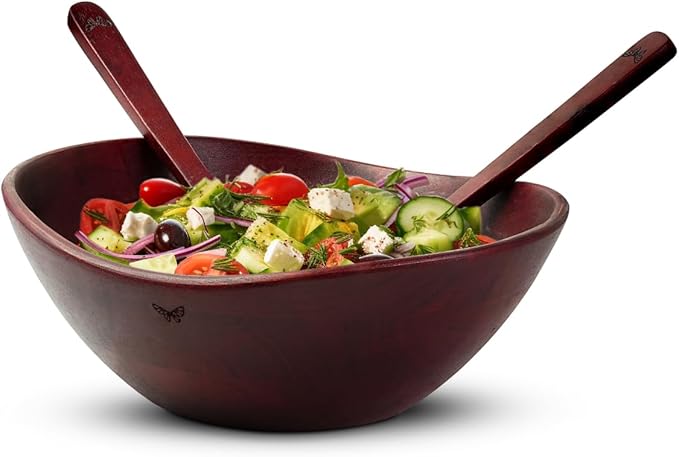 Melvvi Large Wooden Salad Bowl Set – 12" Acacia Wood Serving Bowl with 2 Utensils | Scratch-Resistant - For Salad, Pasta & Fruits | Great Gift for Fathers | Kitchen & Dining (Royal Brown)
