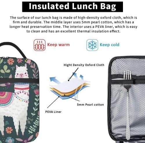 YETTA YANG Cute Llama Flower Portable Lunch Bag Insulated Lunch Box Reusable Totes For Women Men Work Picnic Camping