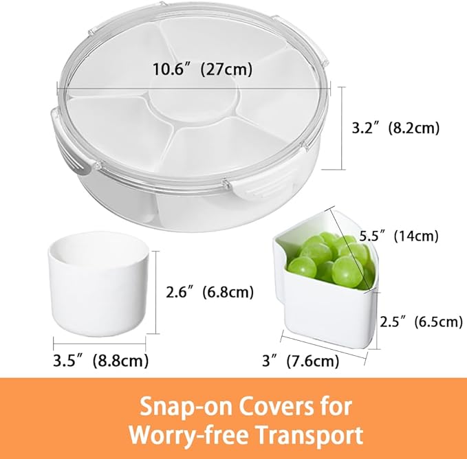 Veggie Tray With Lid for Fridge Organizer Bins Divided Snackle Box Container with 6 Compartments for Party Serving Platter, Fruit Tray with dip, Snack Storage, Reusable Meal Prep