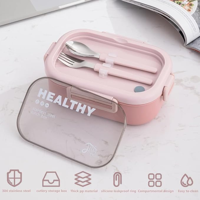 Lille Home 28oz Stainless Steel Leakproof 2-Compartment Bento Lunch Box/Portion Control Food Container with Lunch Bag and Cutlery Set, BPA Free (pink)