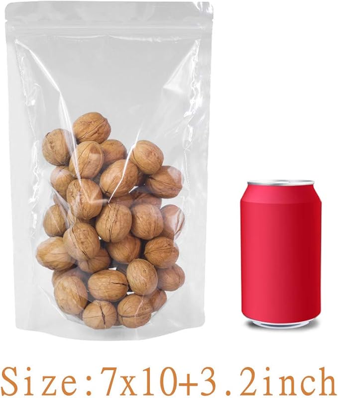 100 Pack Smell Proof Mylar Bags 7x10+3.2inch, Resealable Stand Up Food Storage Bags Clear Reusable Self Seal Zipper Lock Mylar Bags for Food, Seeds, Pills