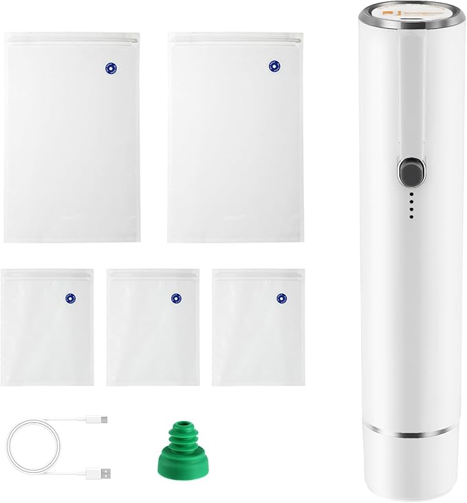 Vacuum Sealer, Handheld Vacuum Sealer for Food Fresh & Save with 5PCS Vacuum Bags and Wine Saver Vacuum Stoppers