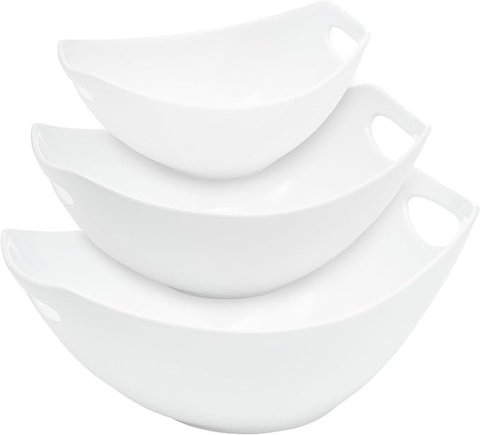 3 Piece Large Serving Bowls with Handle - 15, 28 & 39Oz Microwave and Dishwasher Safe Stoneware Fruit Bowl - Stylish Ceramic Bowls for Kitchen, Dinner Parties, Salad & Side Dishes (White)
